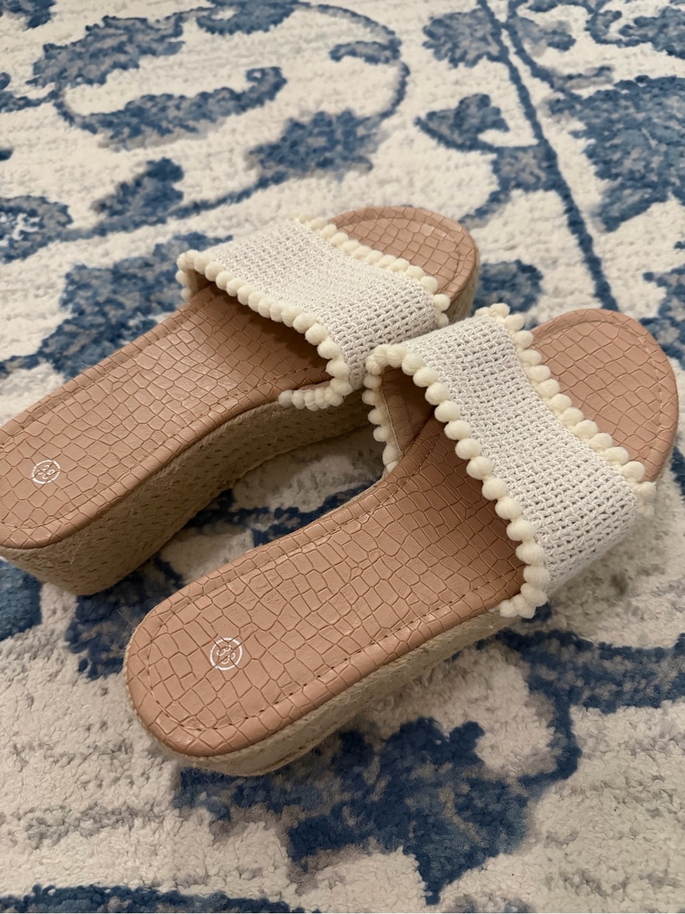 Woven Pom-Trim Slide Wedge Sandals in Cream